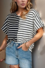 Black and White Striped Cotton Blend T Shirt for Women