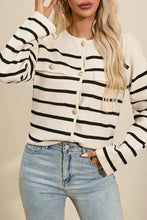 Black and white striped cotton cardigan sweater with buttons
