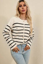 Black and white striped cotton cardigan sweater with button front