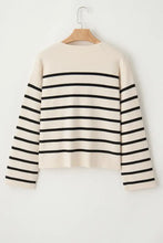 Black and white striped cotton cardigan sweater with buttons, long sleeves