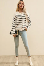 Black and white striped cotton cardigan sweater with buttons