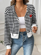 Black and White Striped Cotton Zip-Up Hoodie with Heart Patch