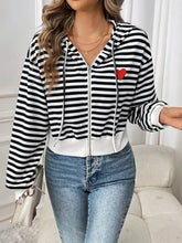 Black and white striped cotton zip-up hoodie with heart patch