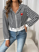 Black and White Striped Cotton Zip-Up Hoodie with Heart Patch