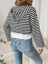 Black and white striped cotton zip-up hoodie with heart patch