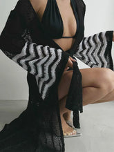 Black and White Striped Crochet Swimwear Cover-Up