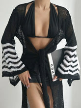 Black and White Striped Crochet Swimwear Cover-Up Black One Size