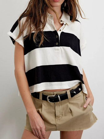 Black and White Striped Cropped Polo Shirt for Women Black