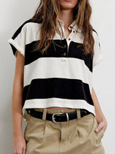 Black and White Striped Cropped Polo Shirt for Women