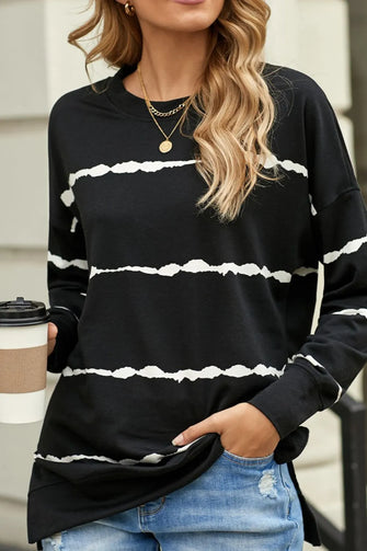 Black and White Striped Long Sleeve Shirt for Women Black