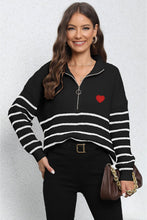 Black and White Striped Long Sleeve Sweater with Red Heart Patch Black One Size