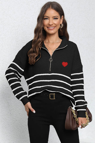 Black and White Striped Long Sleeve Sweater with Red Heart Patch Black One Size