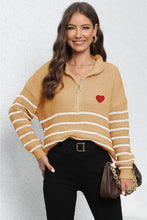 Black and White Striped Long Sleeve Sweater with Red Heart Patch Tangerine One Size Sweater Pullovers