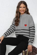 Black and White Striped Long Sleeve Sweater with Red Heart Patch Sweater Pullovers
