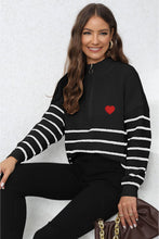 Black and White Striped Long Sleeve Sweater with Red Heart Patch