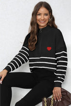 Black and White Striped Long Sleeve Sweater with Red Heart Patch Sweater Pullovers