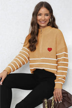Black and White Striped Long Sleeve Sweater with Red Heart Patch Sweater Pullovers