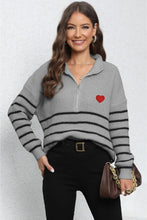 Black and White Striped Long Sleeve Sweater with Red Heart Patch Dark Gray One Size Sweater Pullovers
