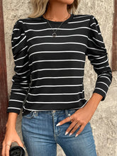 Black and White Striped Puff Sleeve Long Sleeve Shirt for Women Black