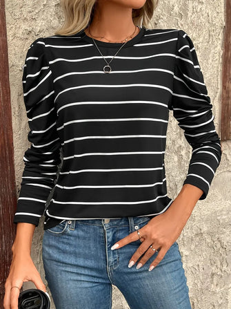 Black and White Striped Puff Sleeve Long Sleeve Shirt for Women Black