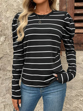 Black and White Striped Puff Sleeve Long Sleeve Shirt for Women
