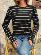 Black and White Striped Puff Sleeve Long Sleeve Shirt for Women