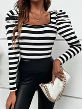 Black and White Striped Puff Sleeve Top for Women Black