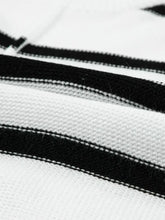 Black and white striped ribbed knit cotton polo shirt with short sleeves