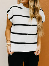 Black and white striped ribbed knit short-sleeve top with round neckline