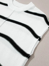 Black and white striped ribbed knit short sleeve top in cotton-polyester blend