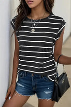 Black and white striped round neck T-shirt with Perfee decorative button