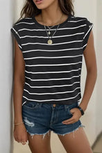 Perfee decorative button round neck black and white striped t-shirt