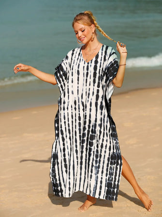 Black and White Tie-Dye Caftan Swimwear Cover-Up Black One Size