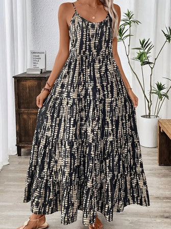 Black and White Tie Dye Tiered Sleeveless Maxi Dress Black