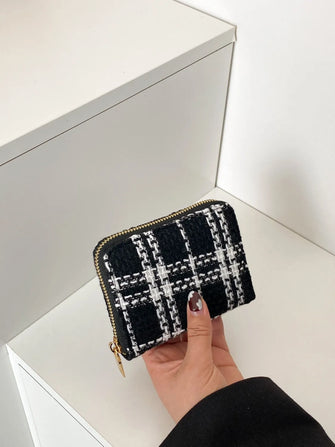 Black and White Tweed Wallet with Gold Zipper Black One Size