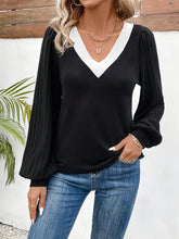 Black and White V Neck Sweater with Balloon Sleeves for Women Black