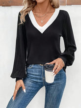 Black and White V Neck Sweater with Balloon Sleeves for Women