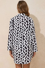 Black and White Wavy Swimsuit with Matching Buttoned Shirt Cover-Up