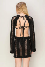 Black Backless Cover Mini Dress Long Sleeve Shredded Knit Swimsuit Cover Up