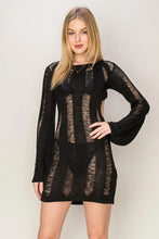 Black Backless Cover Mini Dress Long Sleeve Shredded Knit Swimsuit Cover Up Black