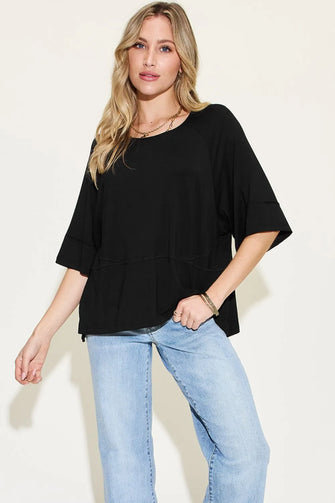 Black Bamboo Round Neck Top for Women Stretchy Size Bamboo T Shirt Black