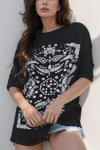 Black Bandana Print Oversized Cotton T-Shirt for Women Black