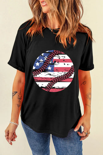 Black Baseball American Flag Graphic T-Shirt for Women Black