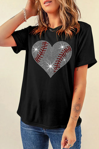 Black Baseball Heart Rhinestone T-Shirt for Women Black