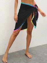 Black Beach Cover Up Set with Colorful Pom Pom Trim Black One Size
