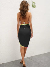 Black Beach Cover Up Set with Colorful Pom Pom Trim Swim Bottoms