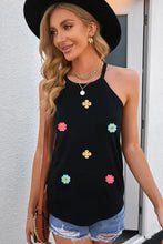 Black floral crop top bodysuit with colorful flowers and gold accents