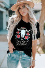 Black Bull Skull and Roses Graphic T-Shirt for Women Black