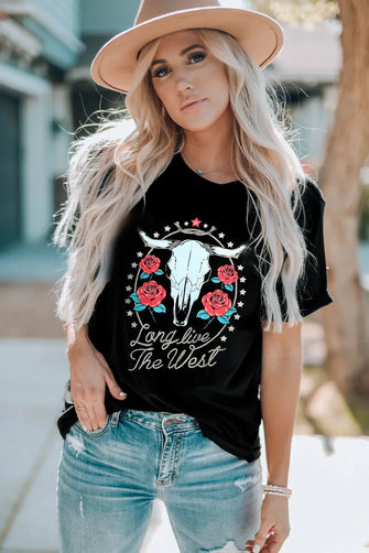 Black Bull Skull and Roses Graphic T-Shirt for Women Black