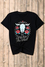 Black bull skull and roses graphic t-shirt for women